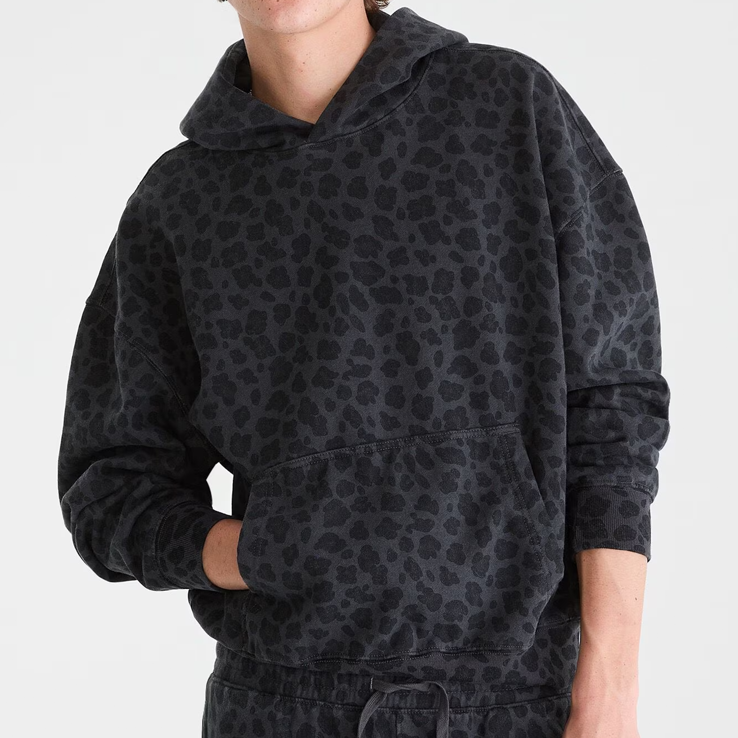 Leopard Print Boxy Fit Fleece Pullover Hoodie