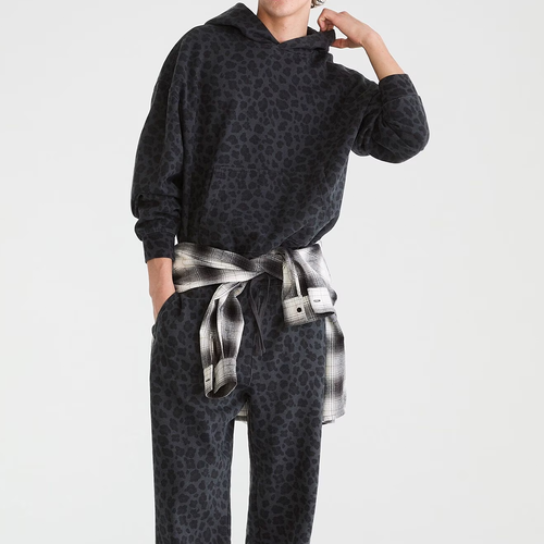 Leopard Print Boxy Fit Fleece Pullover Hoodie