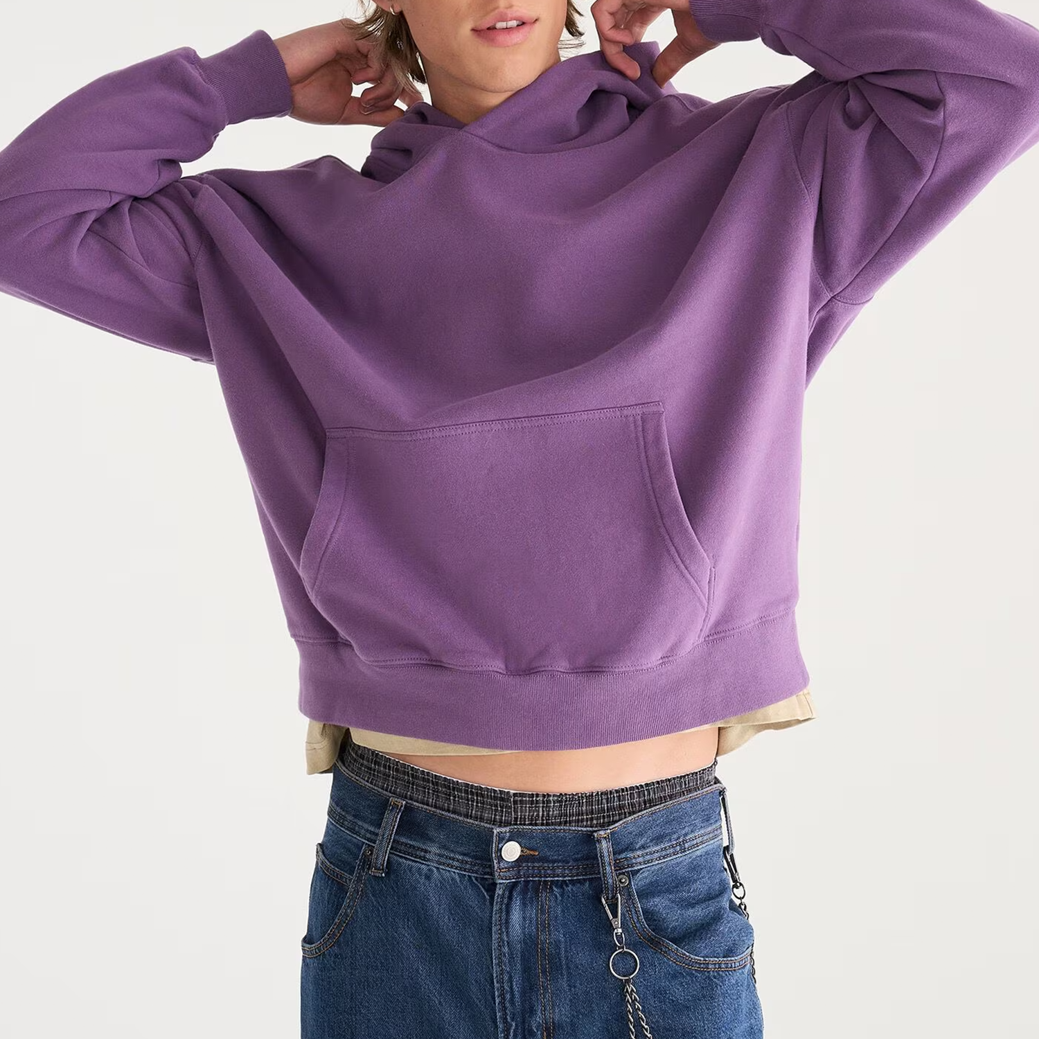 Cropped Boxy Dropped‑Shoulder Fleece Pullover Hoodie