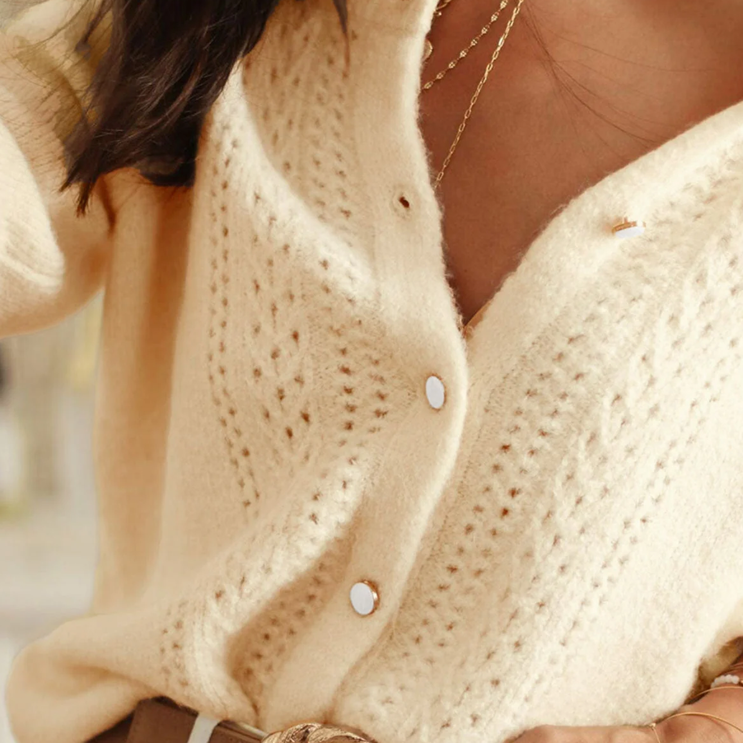 Round Neck Hip‑Length Textured Knit Button Cardigan