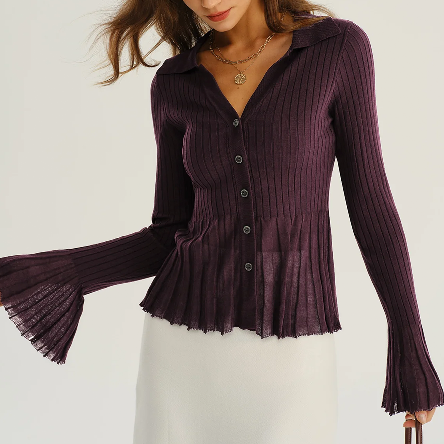 Purple Collared Ribbed Knit Button‑Front Office Cardigan