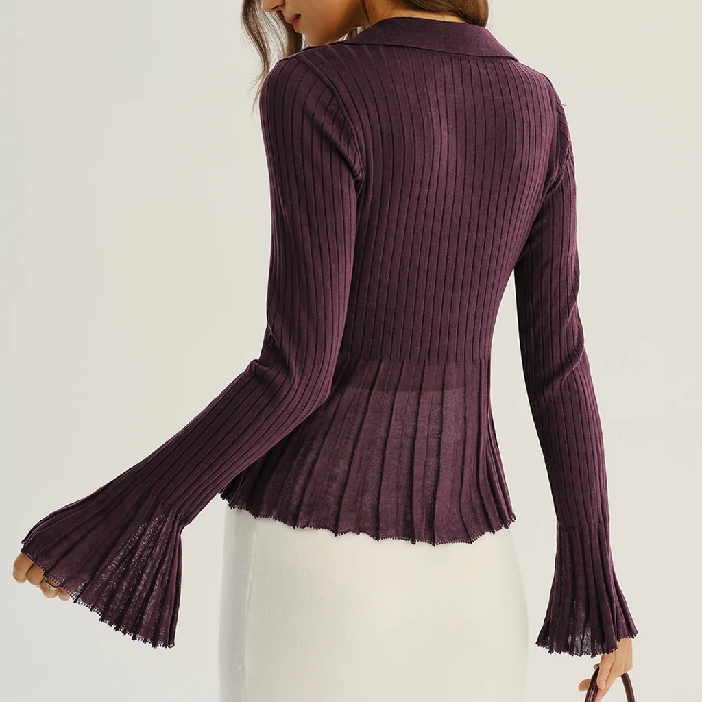 Purple Collared Ribbed Knit Button‑Front Office Cardigan