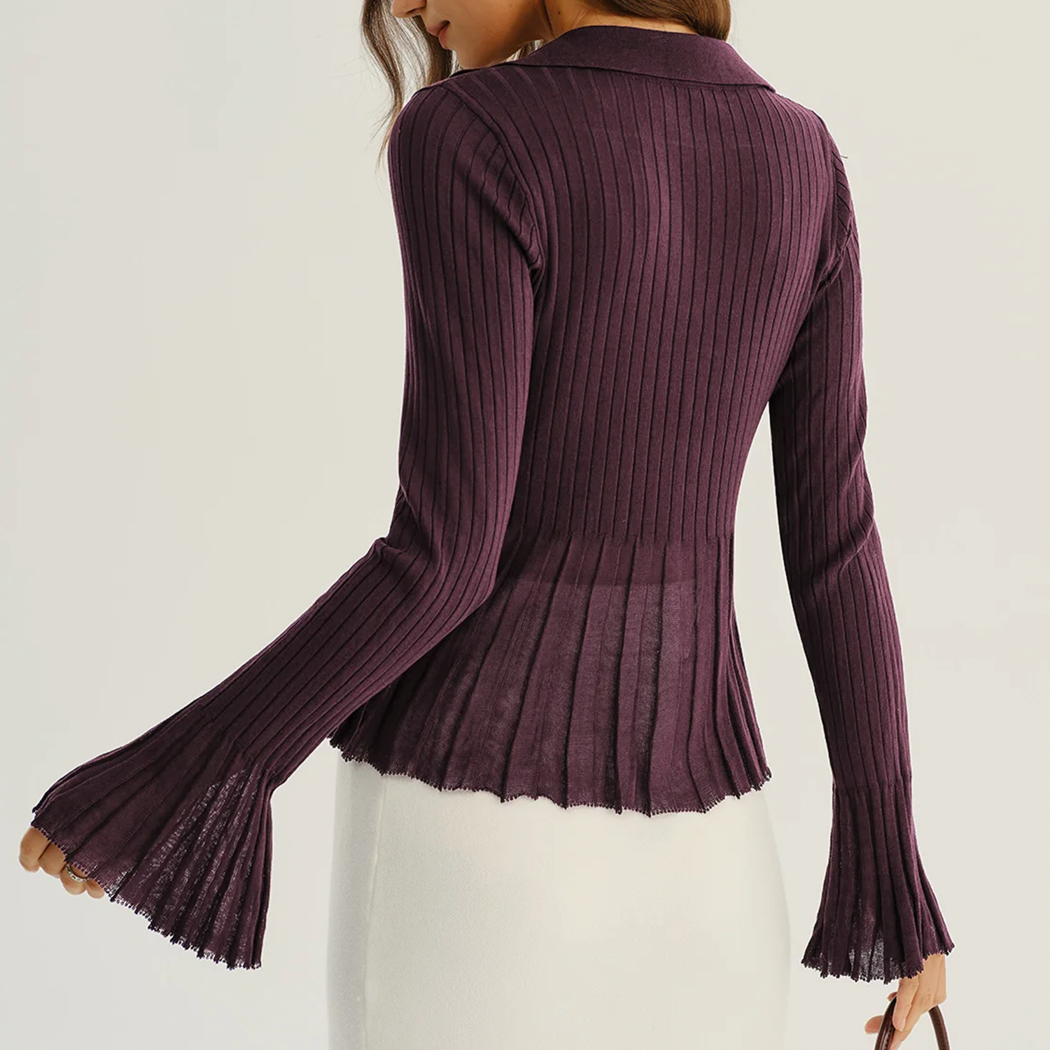 Purple Collared Ribbed Knit Button‑Front Office Cardigan