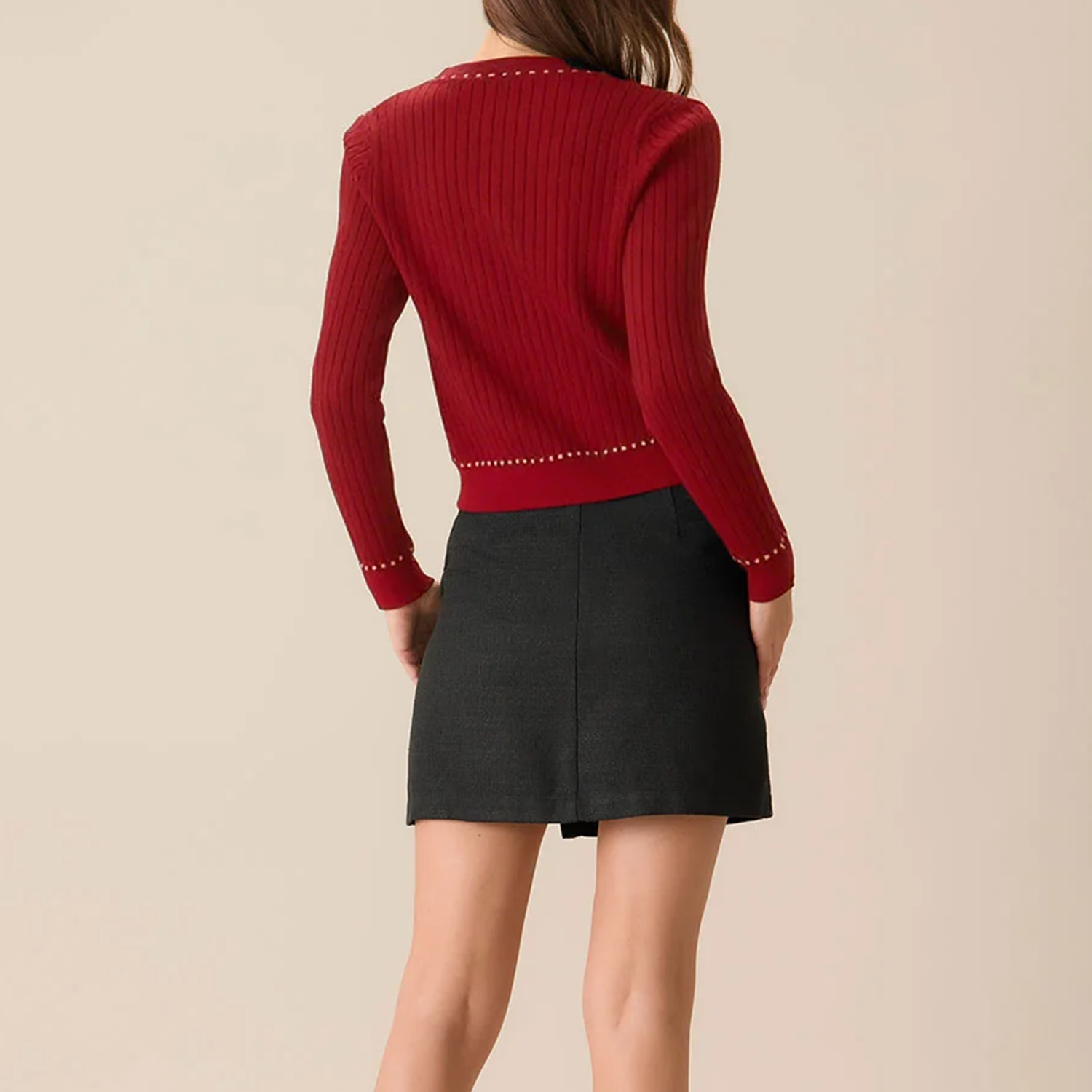 V‑Neck Contrast Trim Ribbed Knit Office Cardigan