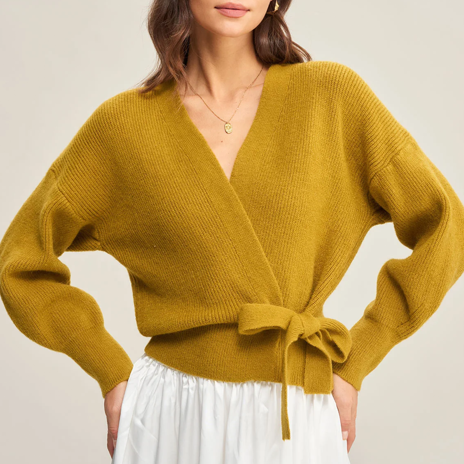V‑Neck Wrap Tie‑Waist Drawstring Knit Casual Cardigan