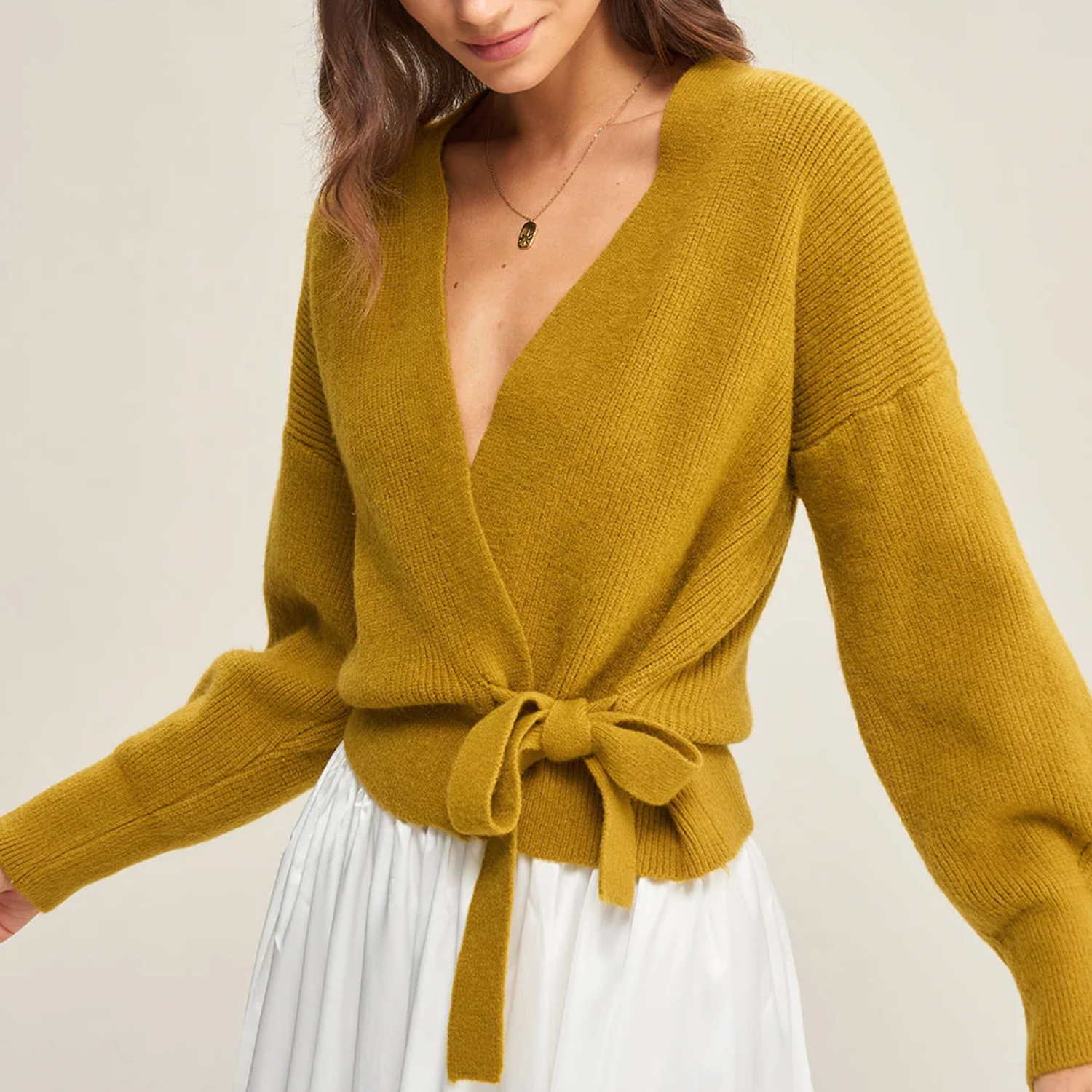 V‑Neck Wrap Tie‑Waist Drawstring Knit Casual Cardigan